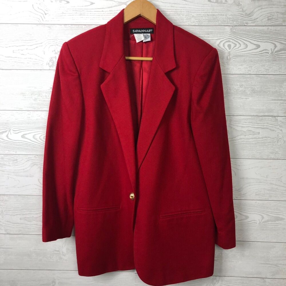 Savannah Women's 12 PETITE 100% Wool One Button Blazer Jacket Solid Red